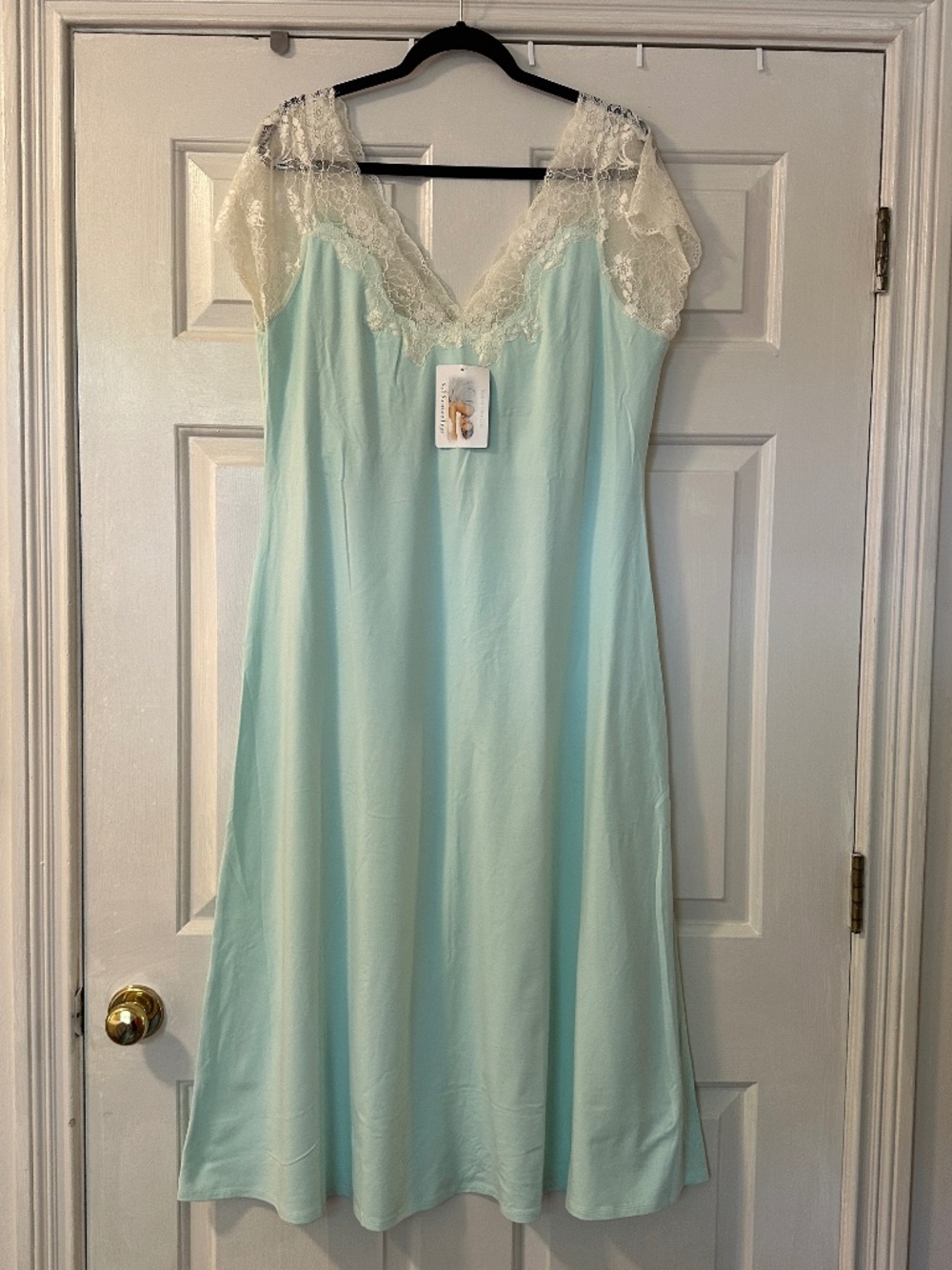 NWT Soft Surroundings Maxi Nightgown Mint Green Lace Sleeve Women's Petite XL